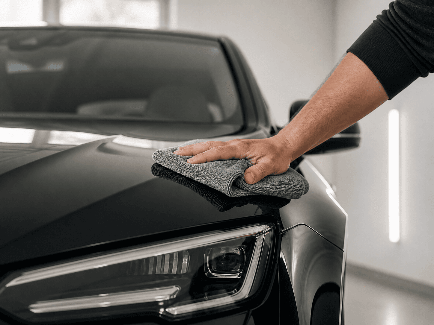 Detailer die zorgvuldig een donkere auto poetst met een microvezeldoek